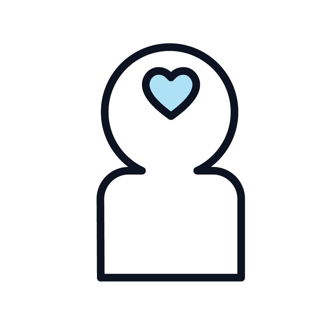 Cartoon outline of a human torso with a blue heart where the brain should be representing mental wellness