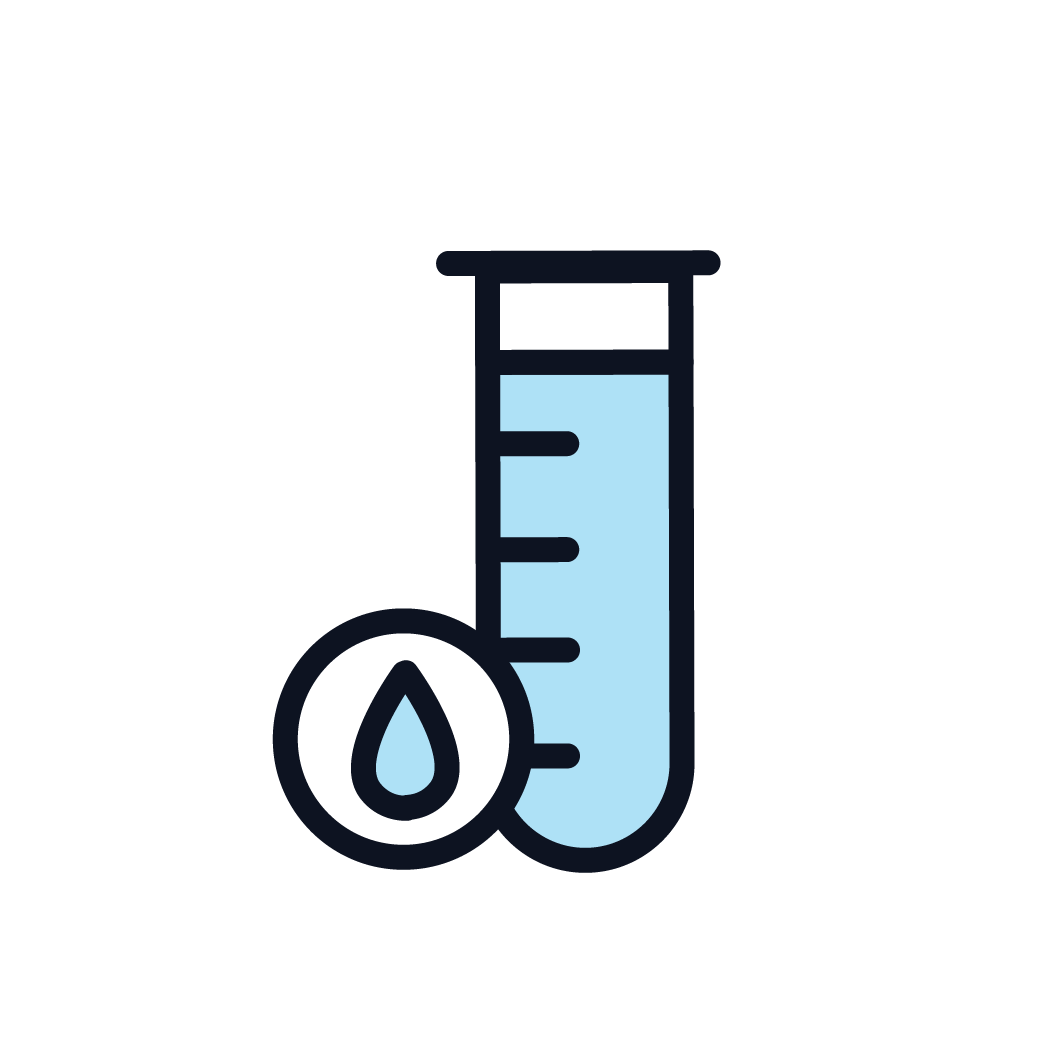 Cartoon drawing of a blue test tube with a heart next to it