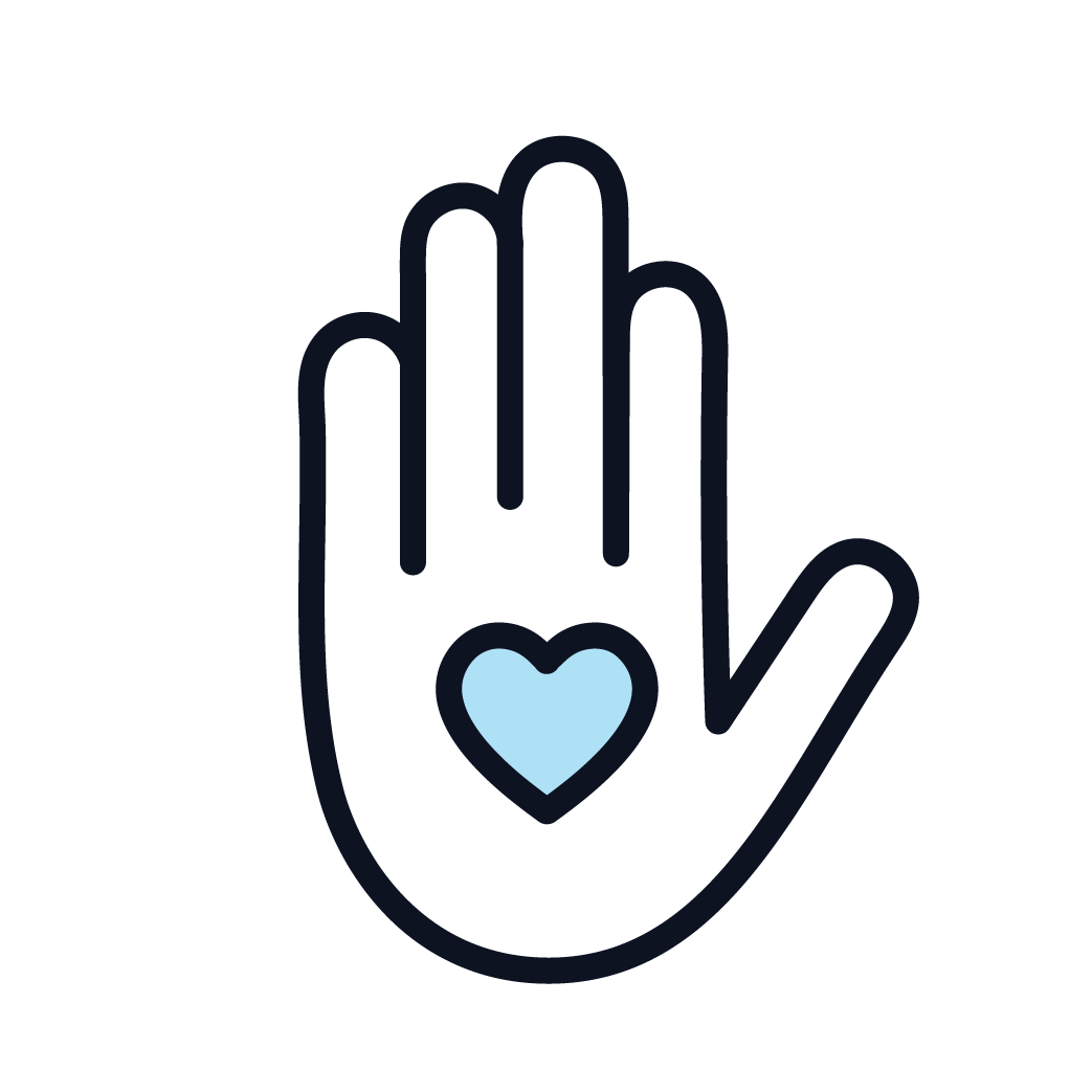 Simplified outline of a hand with a blue heart in the palm