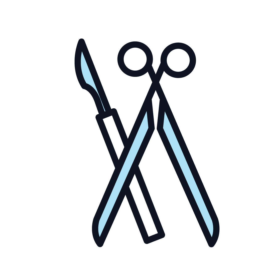 Simple blue drawing of a scalpel and surgical scissors