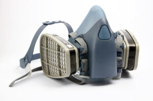 blue construction respiratory mask for PPE on white background