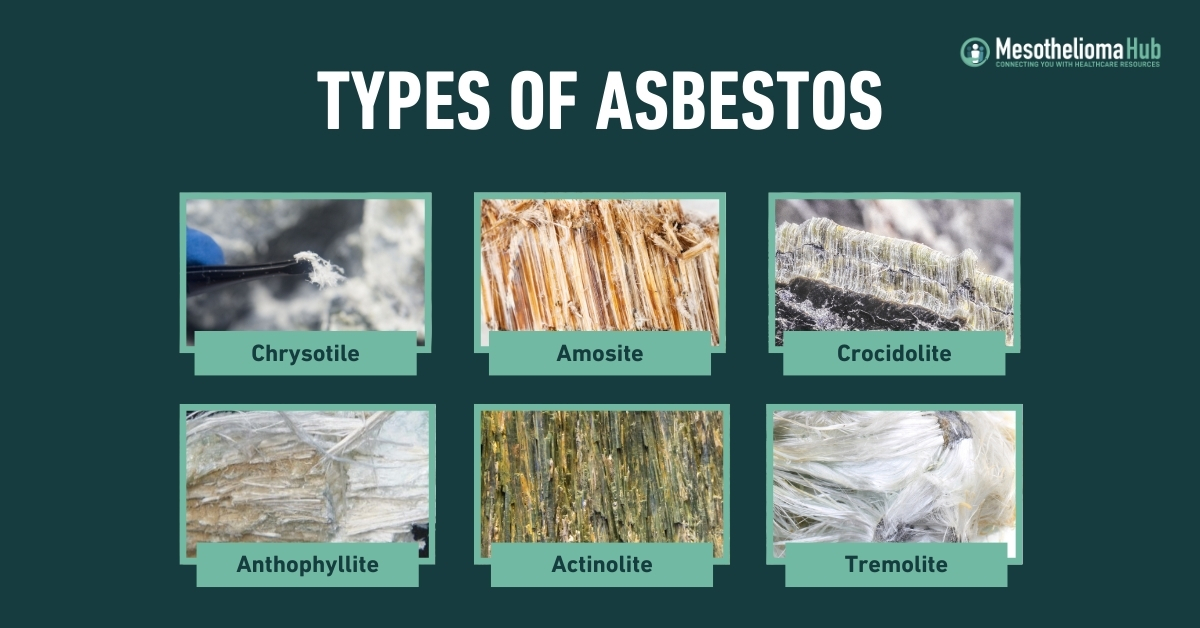 Infographic showing the types of asbestos including: Chrysotile Amosite, Crocidolite, anthophyllite, Actinolite, Tremolite.